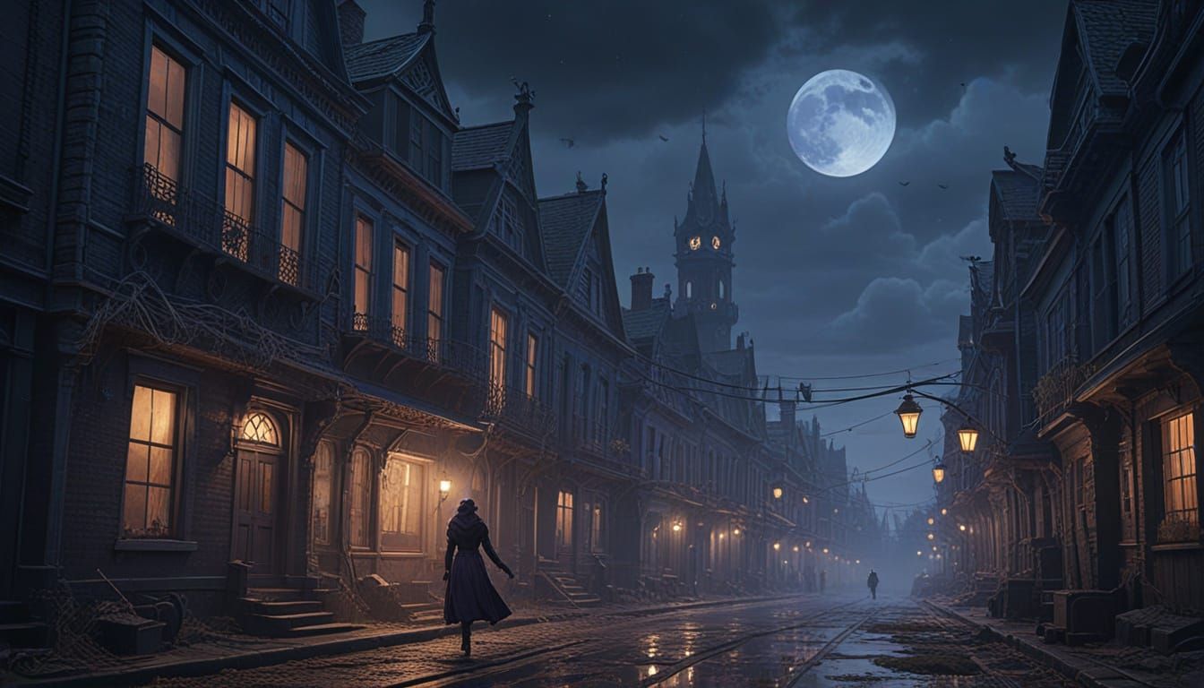 Ethereal Vampire Woman in Nocturnal Victorian Landscape