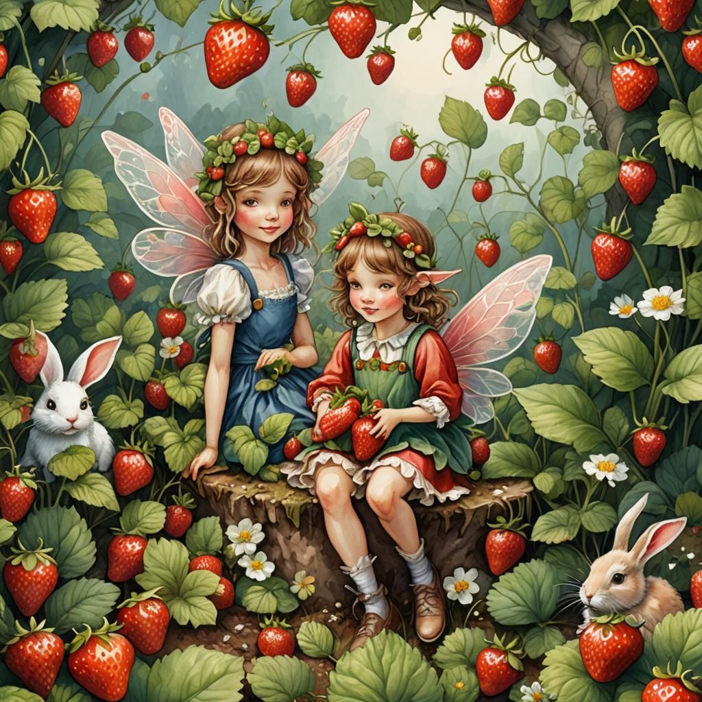 Strawberry Fairy and Rabbit in Watercolor Style