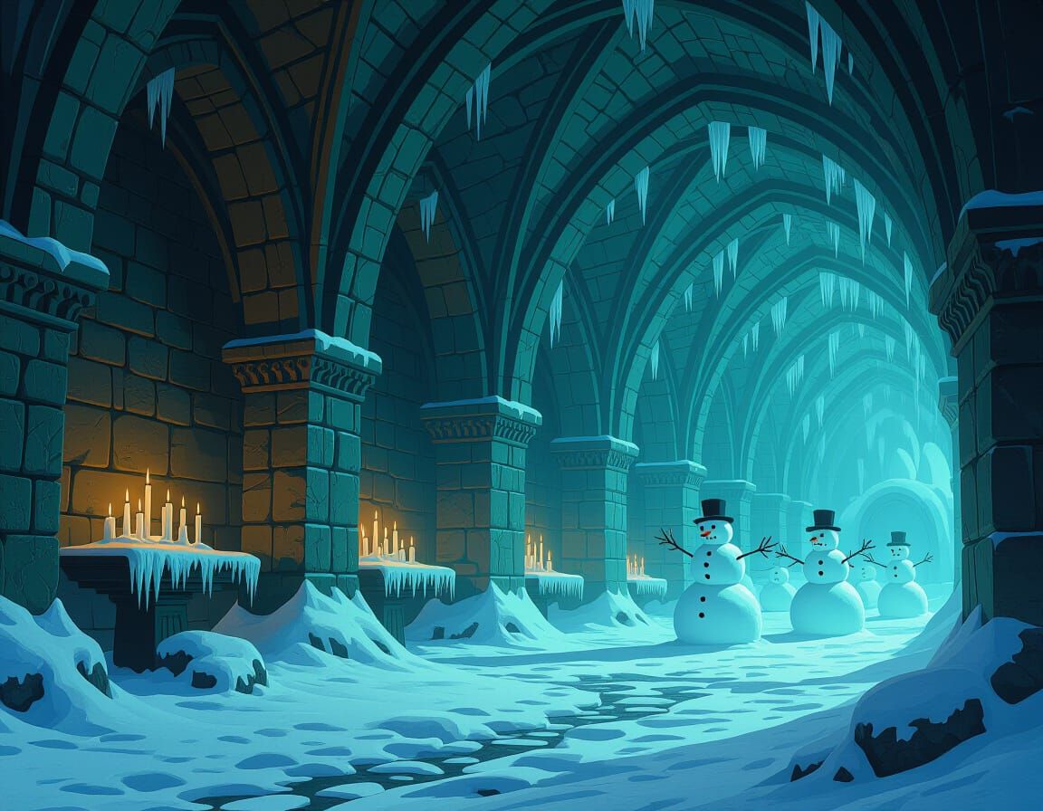 Gothic Crypt with Spectral Snowmen and Candles