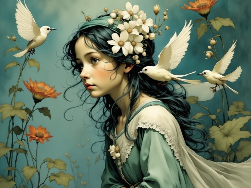 Enchanted Realism Portrait of Ethereal Woman with Birds