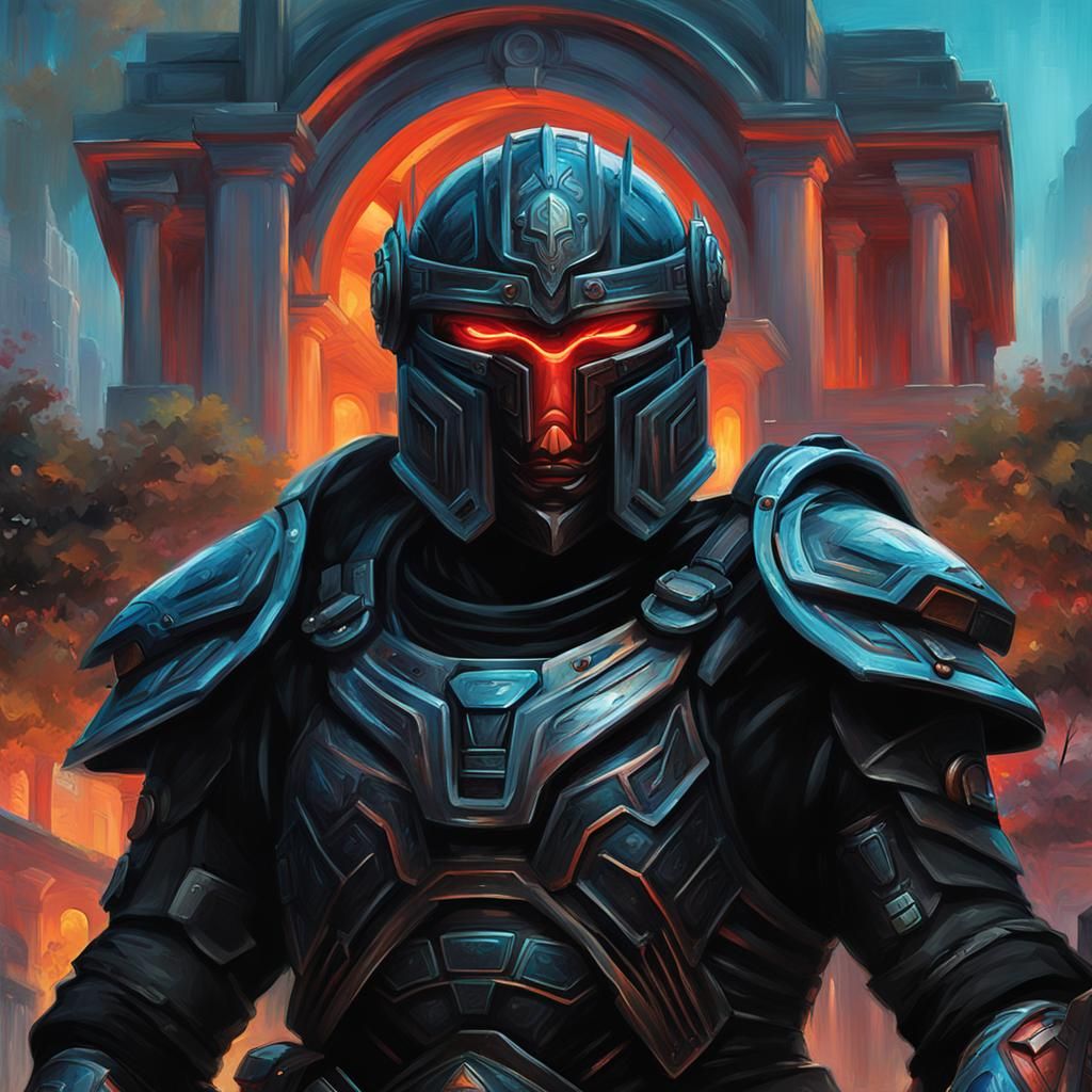 Cyberpunk Spartan Warrior in Noir City Garden