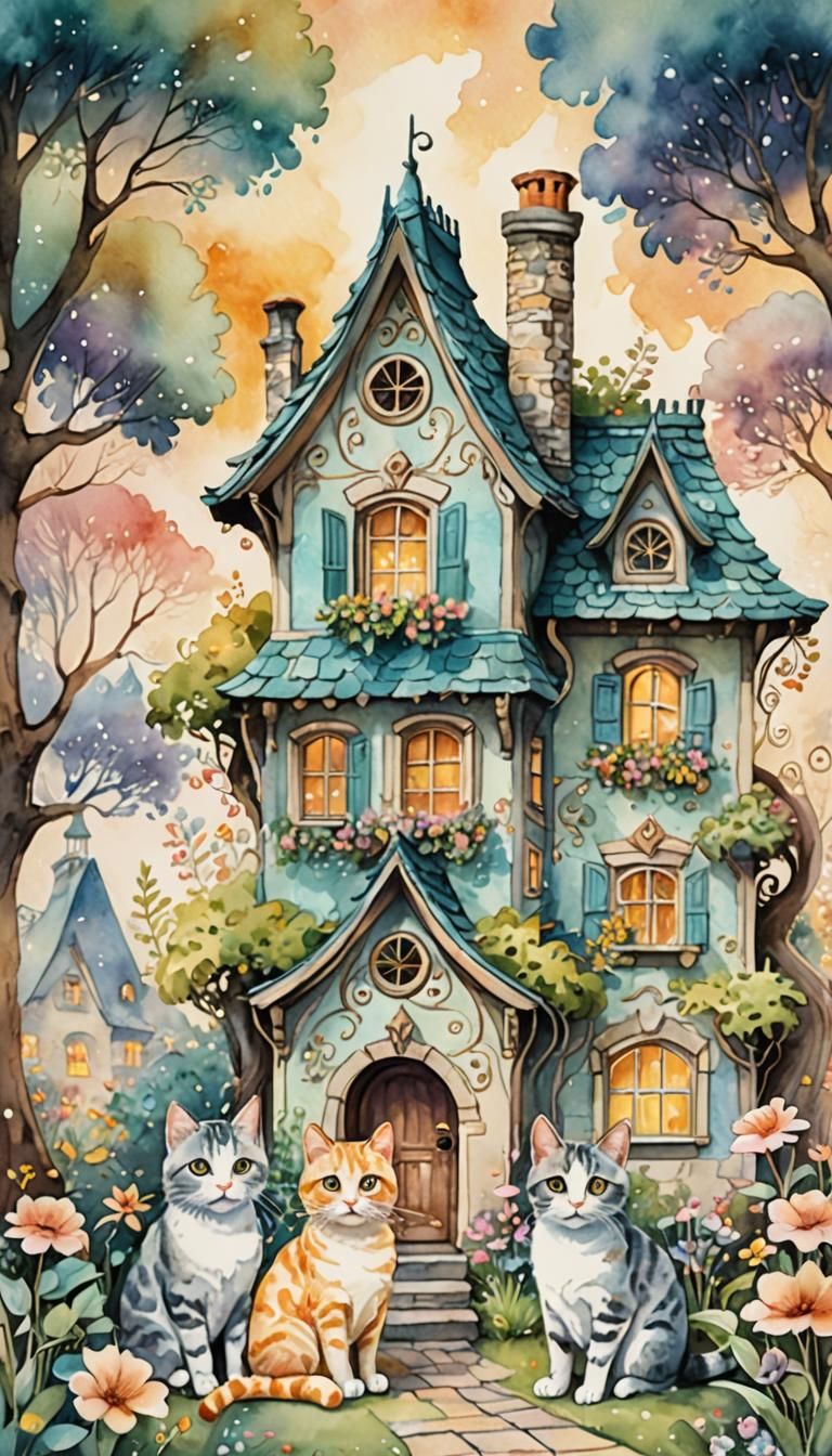 Some cute cats in front of a fairytale house, storybook illustration, award-winning art, watercolor sketch