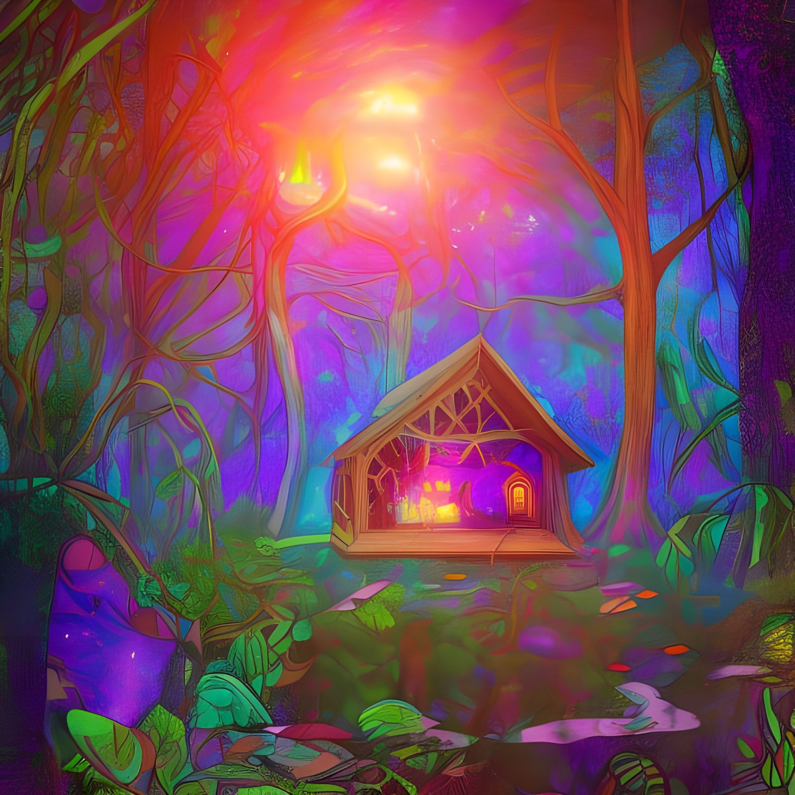 Enchanted Forest House: Holographic Cosmic Illustration