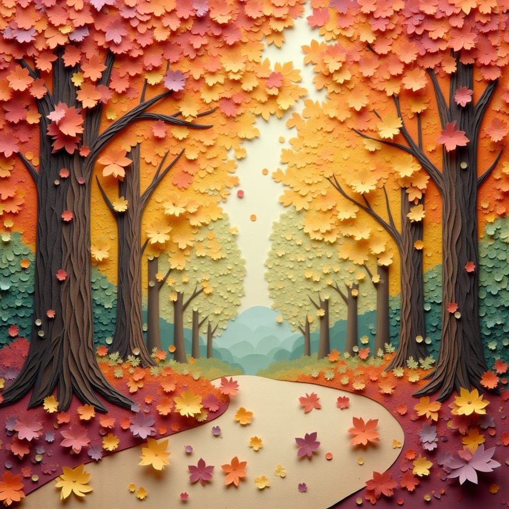 Autumnal Paper Mosaic Landscape in Golden Light