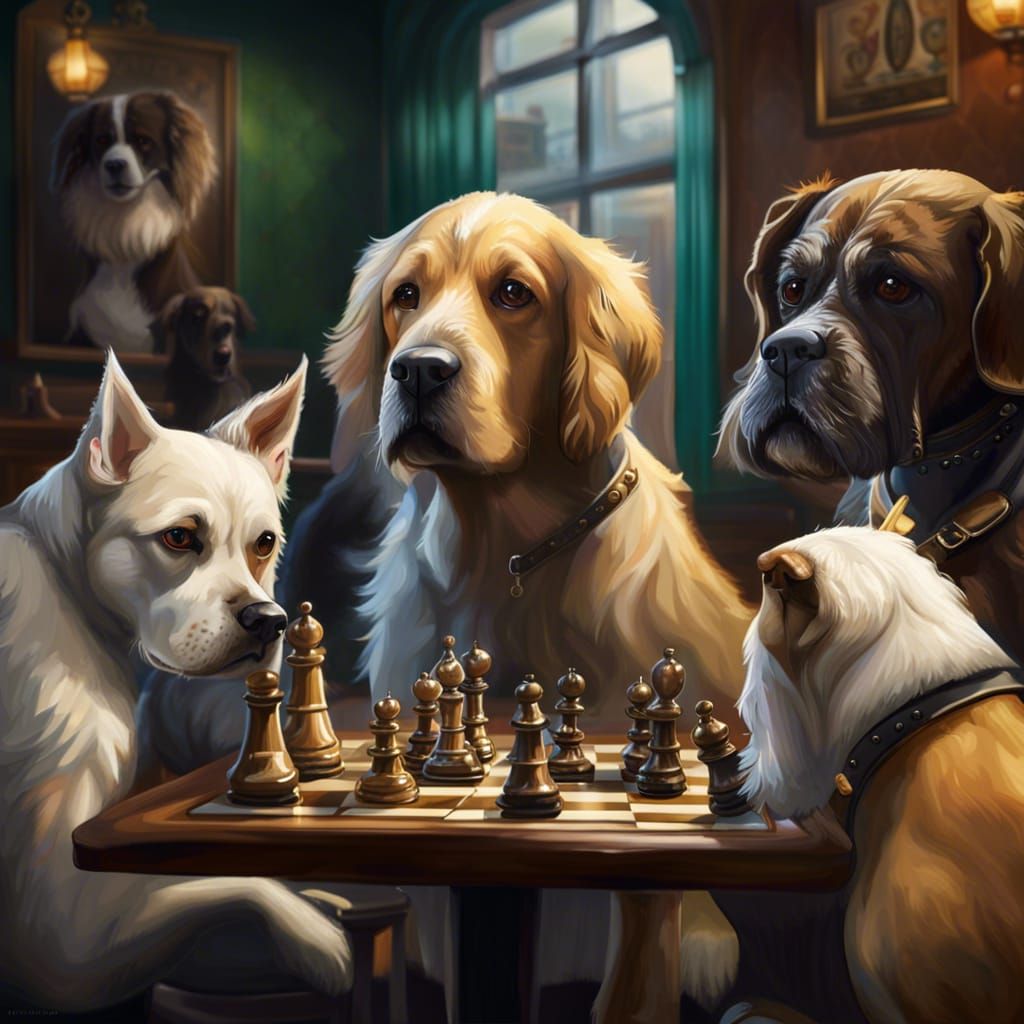 Dogs Playing Chess in English Pub: Hyperrealistic Art