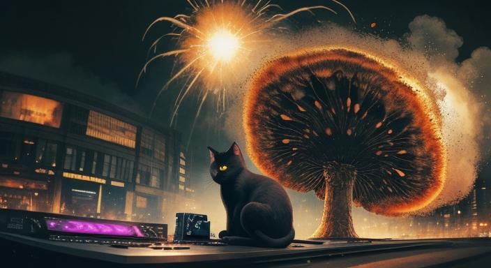 Black Cat DJ in Glasgow Explosion: Watercolor Art