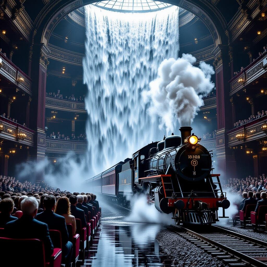 Waterfall in Concert Hall with Steampunk Train