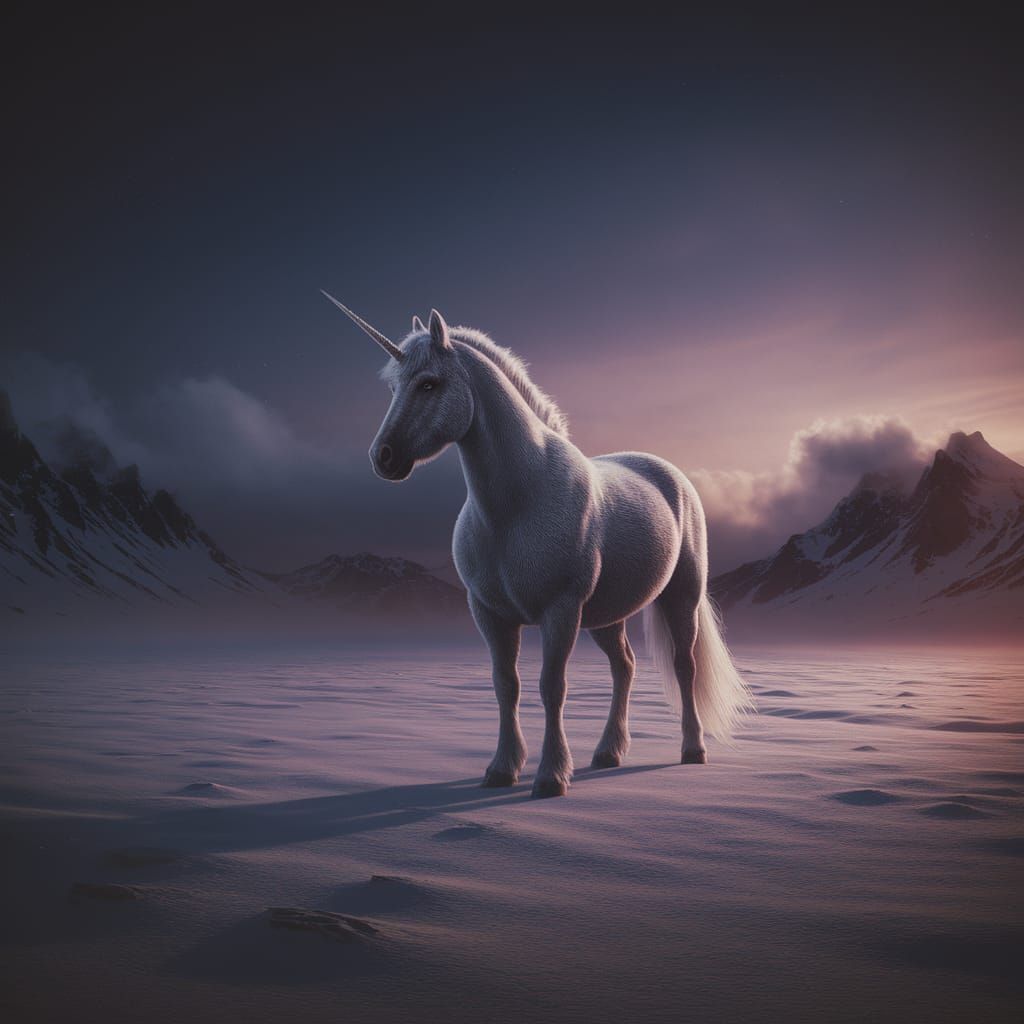 Majestic Frost Unicorn in Desolate Twilight Landscape