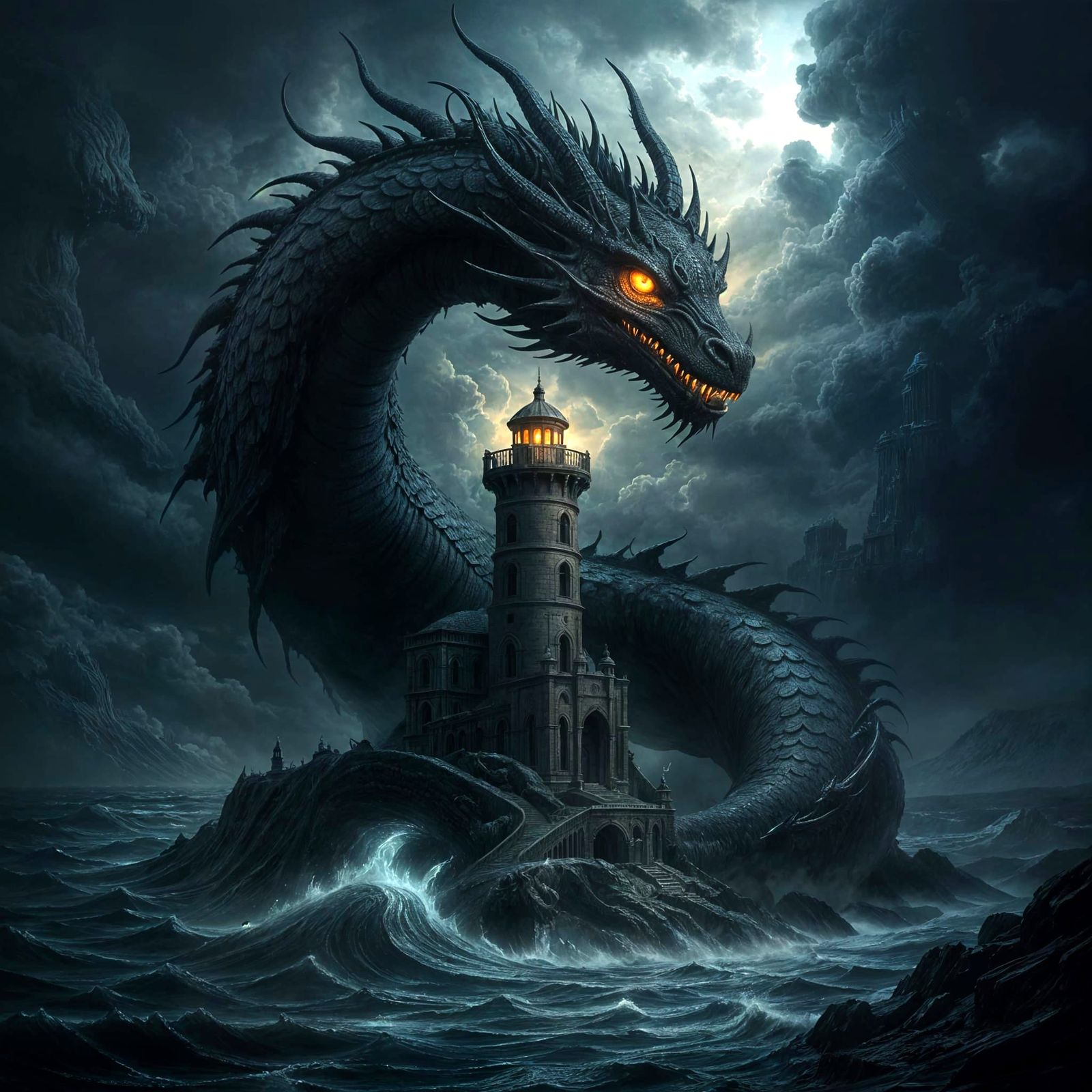Ancient Obsidian Dragon Near Baroque Lighthouse in Storm