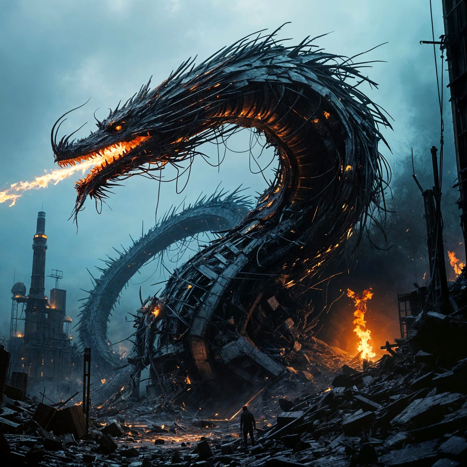 Epic Dragon Made from Building Materials in Cinematic Style