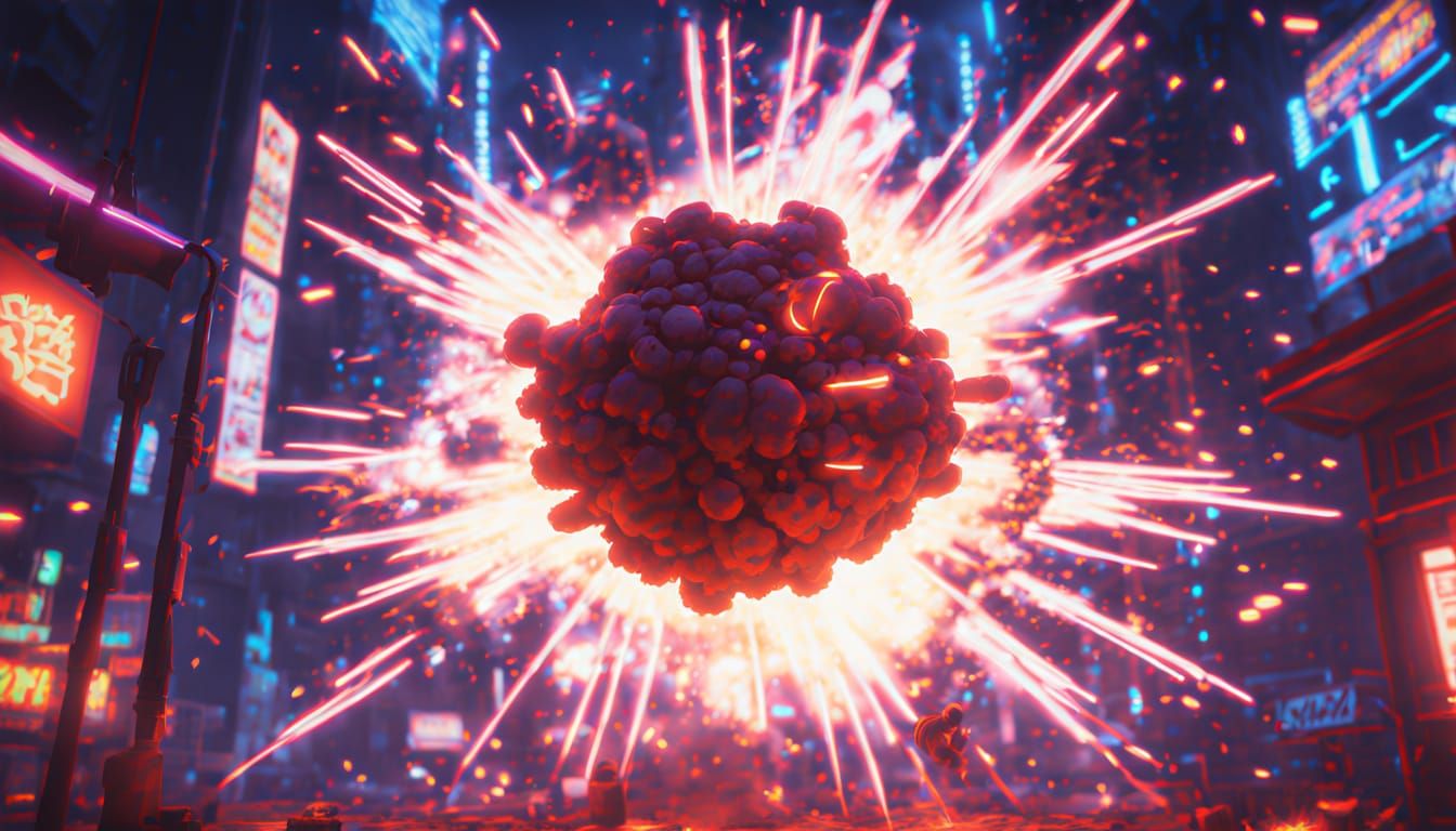 Explosive Anime Scene with Neon Lights in 3D