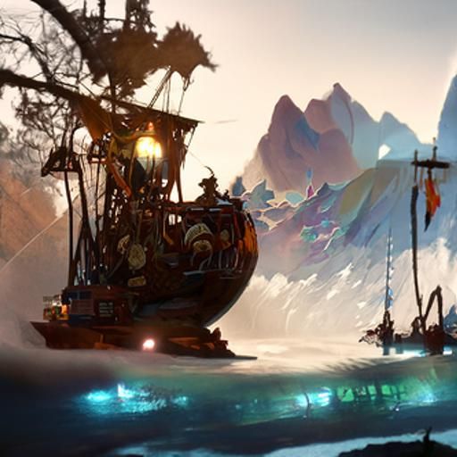 Pirate Ship Amidst Misty Mountains at Full Moon
