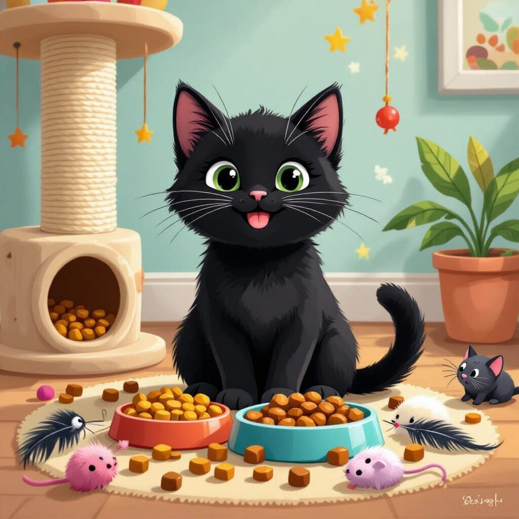 Happy Black Cat in Playful, Colorful Illustration