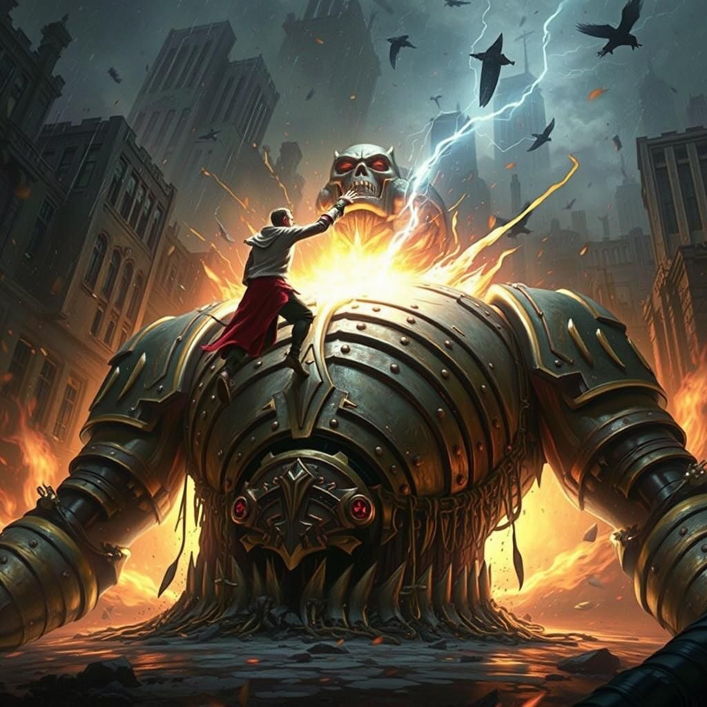 Hero Punches Giant Automaton in Aetherpunk Explosion