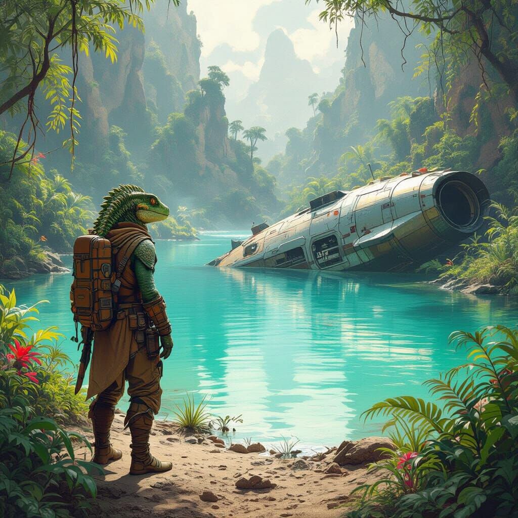 Lizardfolk Explorer Discovers Crashed Spaceship