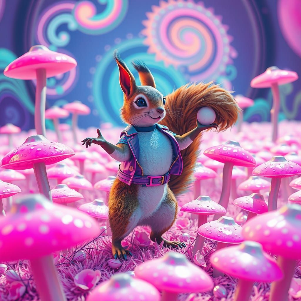 Synthwave Squirrel Dancing in Neon Mushroom Field