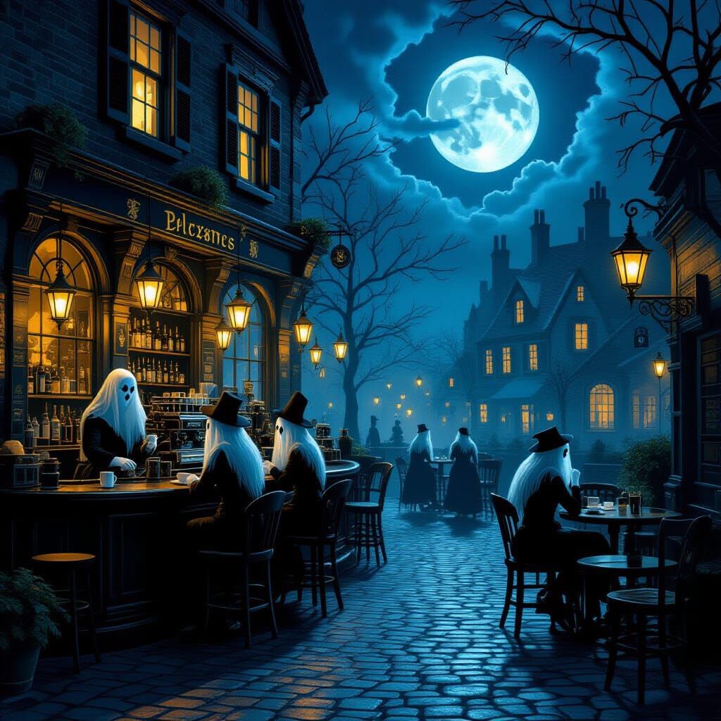 Spooky Moonlit Coffeehouse With Ghostly Baristas