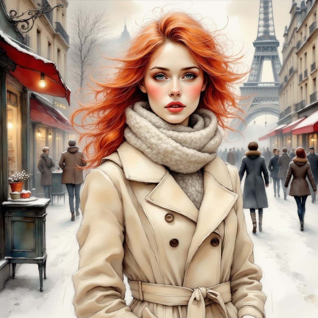 A Redheaded Siren Strolls Through Winter Paris