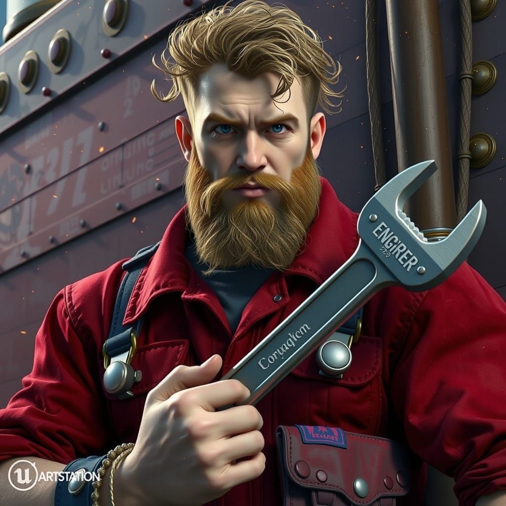 Heroic Engineer Poses in Front of Majestic Ship's Hull
