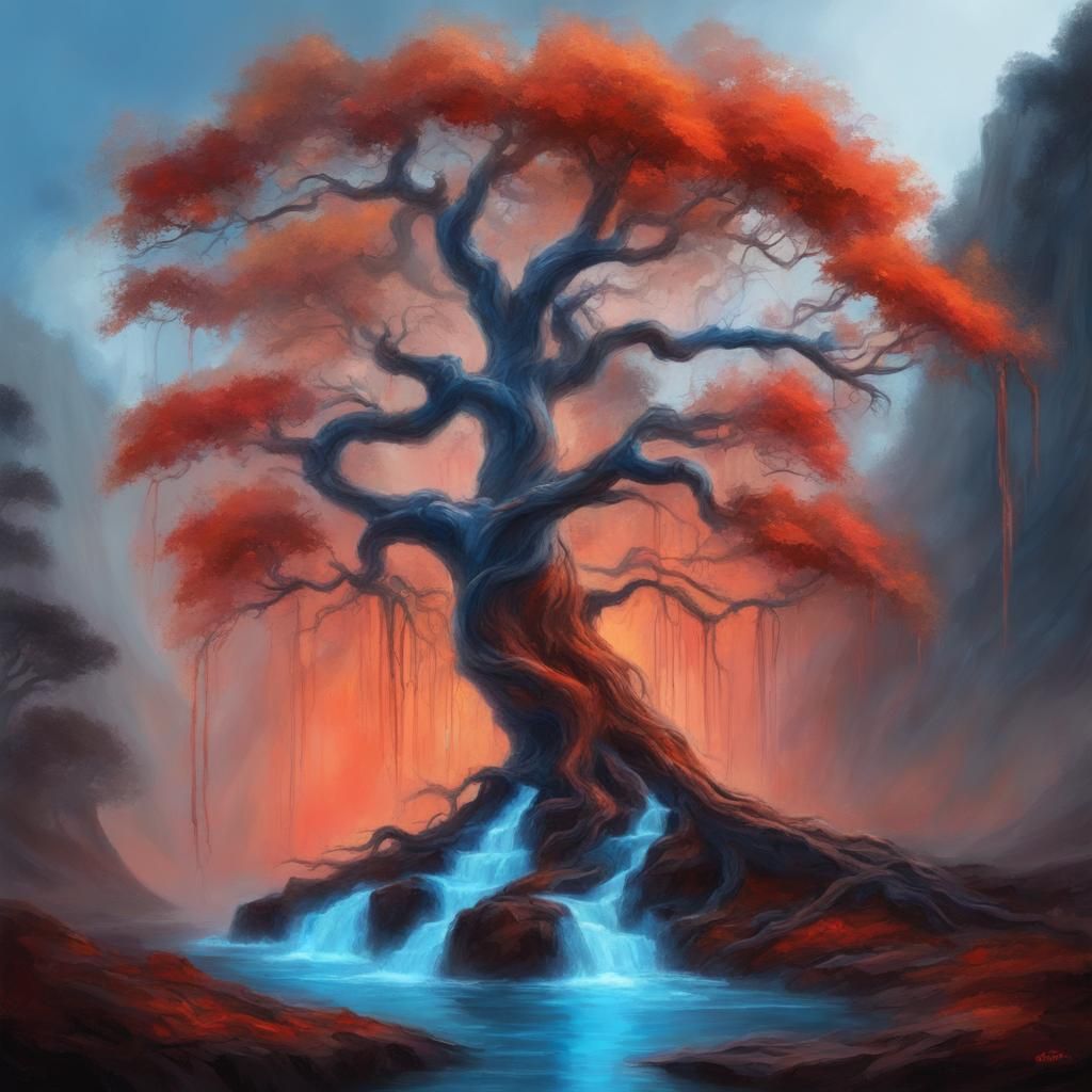 Haunted Tree with Neon Waterfall: Fantasy Digital Painting