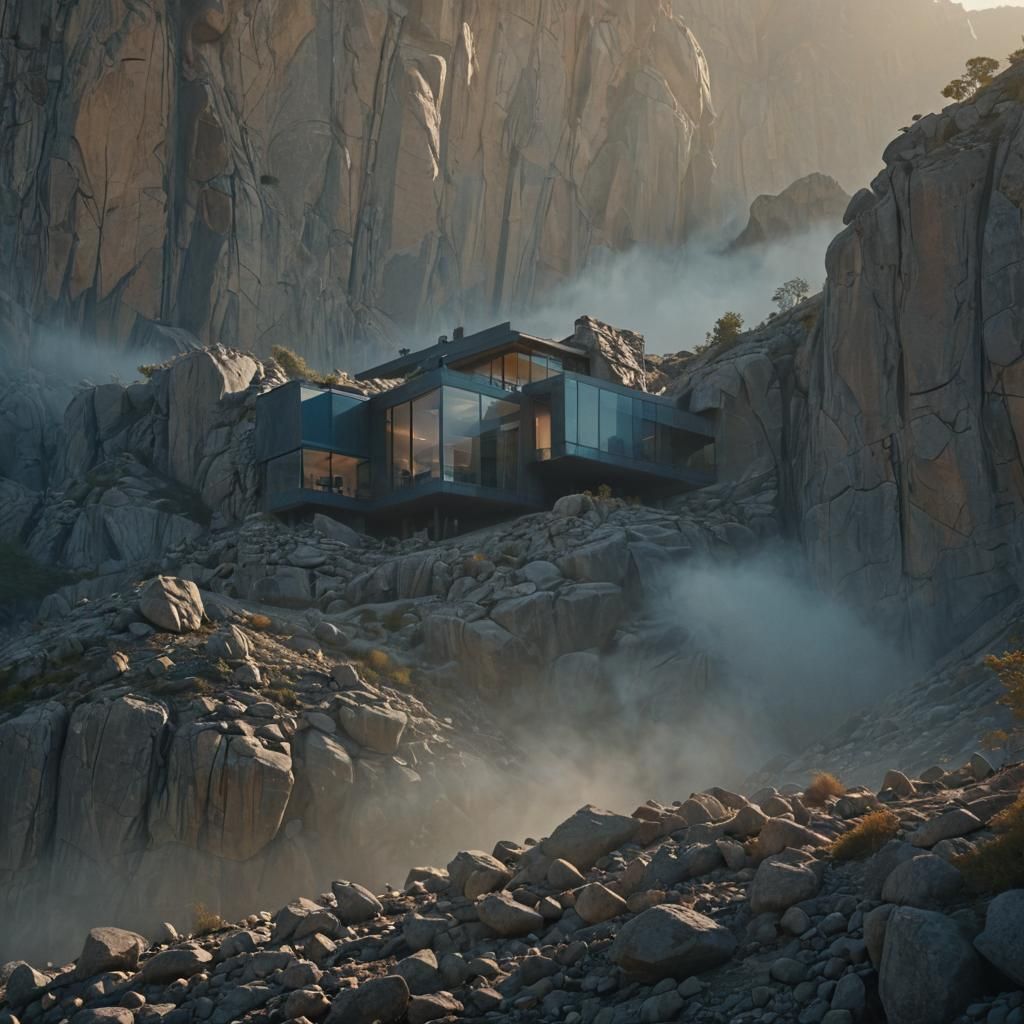 Modern House Embedded in Misty Mountain: Cinematic Style