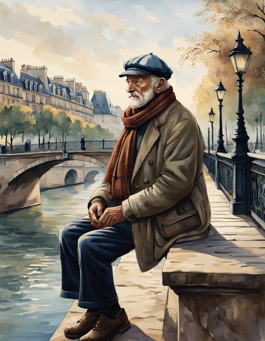 Parisian Fisherman on Pont des Arts, Watercolor Painting