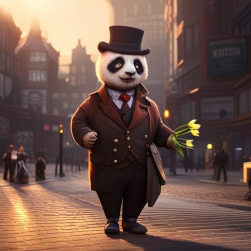 Steampunk Panda Businessman Buys Tulips in City