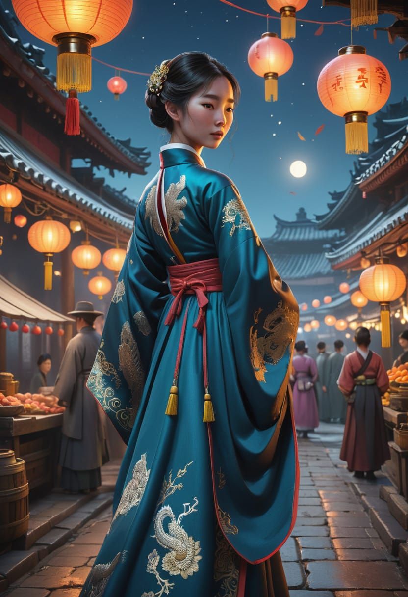 Enchanted Korean Woman in Traditional Hanbok Amidst Lantern...