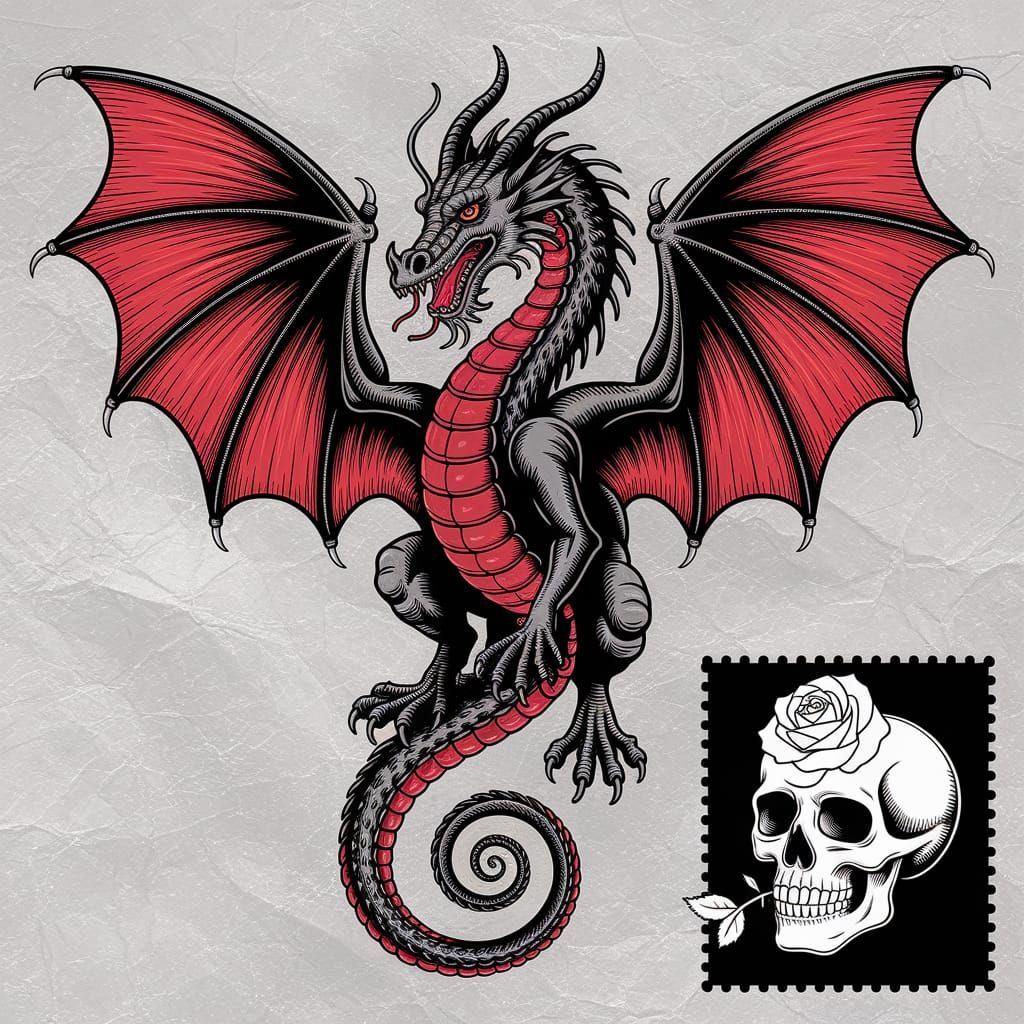 Dragon on Rice Paper with Charcoal and Skull Stamp