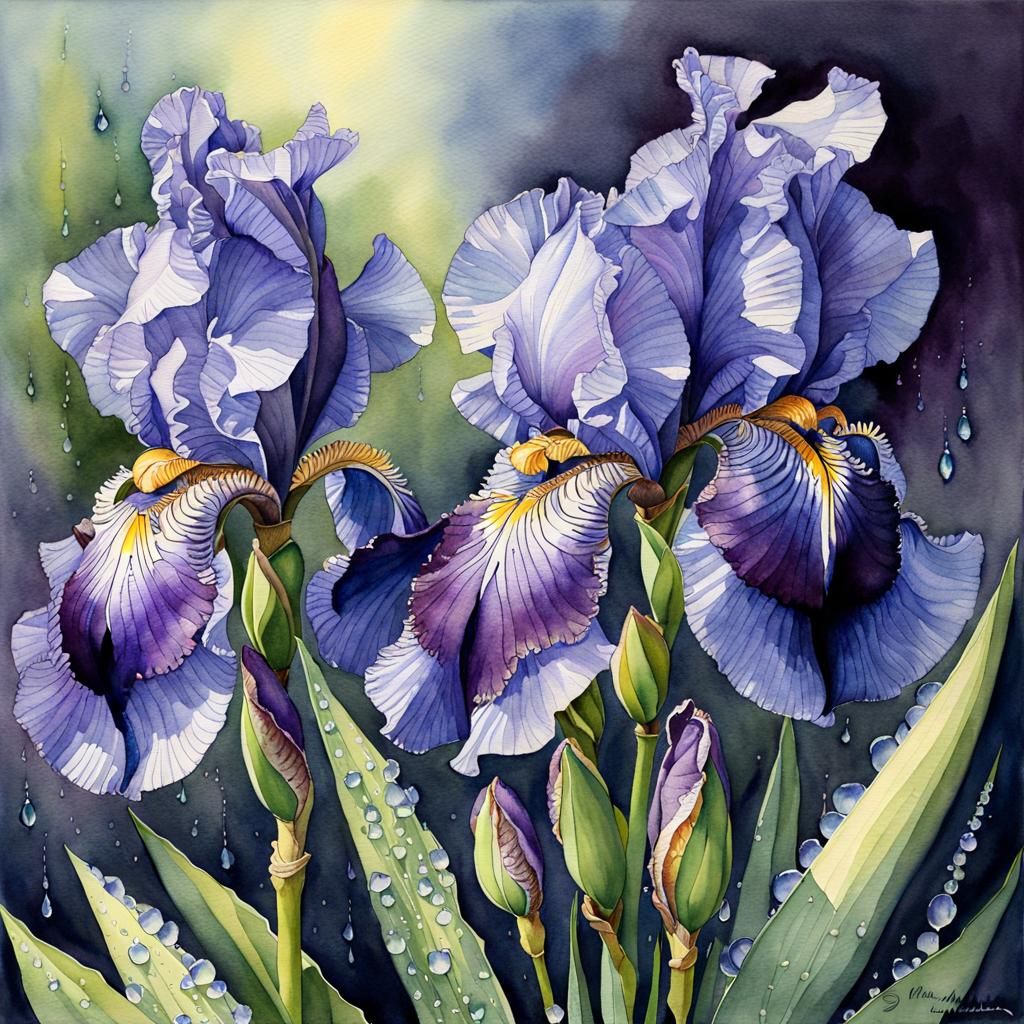 Dew-Kissed Irises: A Realistic Watercolor Painting