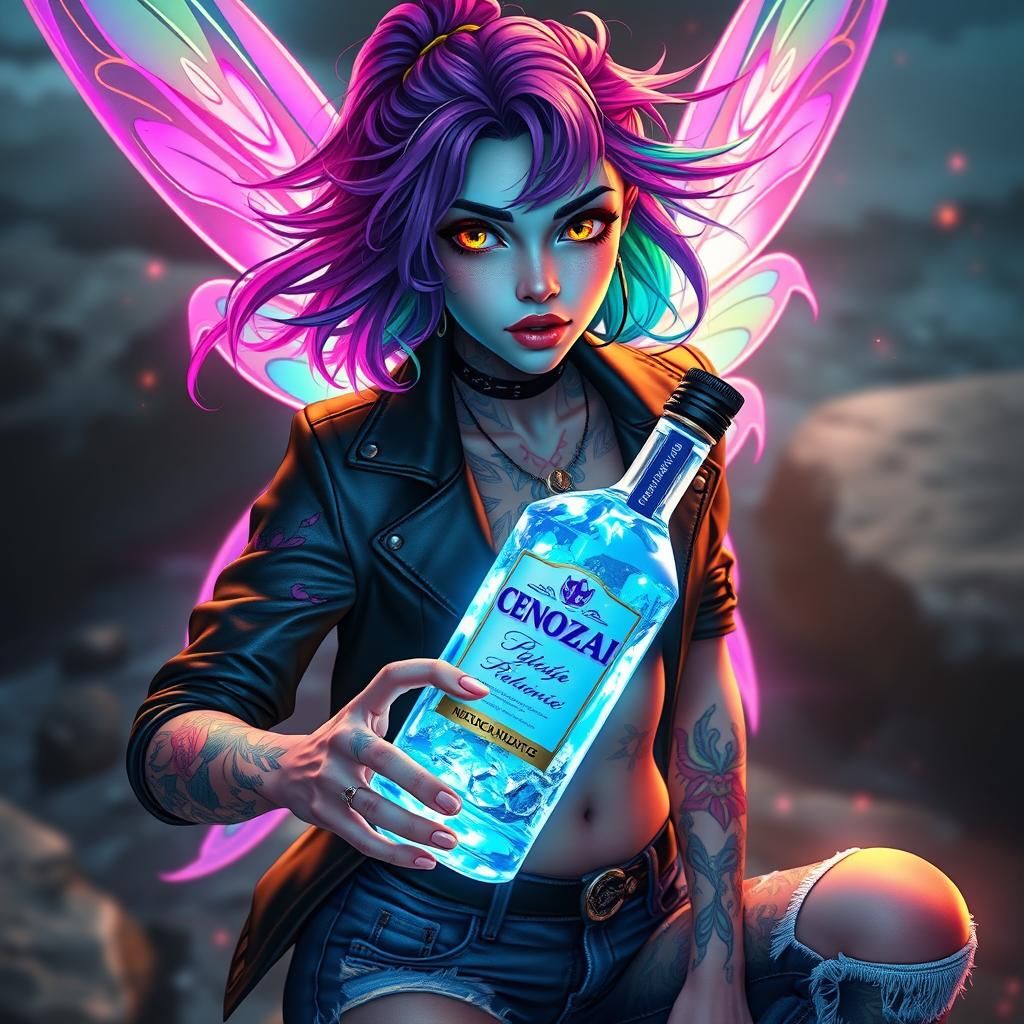 Iridescent Fairy with Vodka, Hyper-Real Anime Style