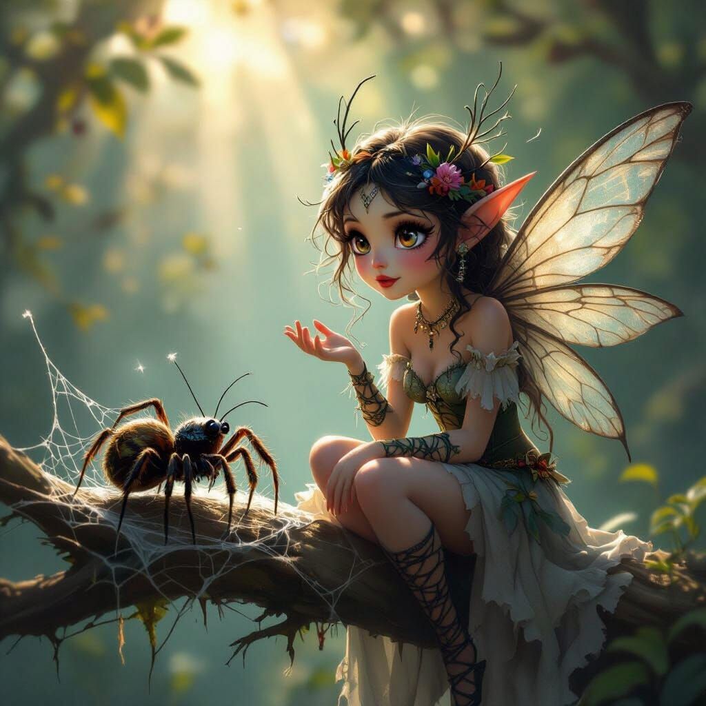 Spider Fae and Spider in Web, Hyperrealistic Fantasy