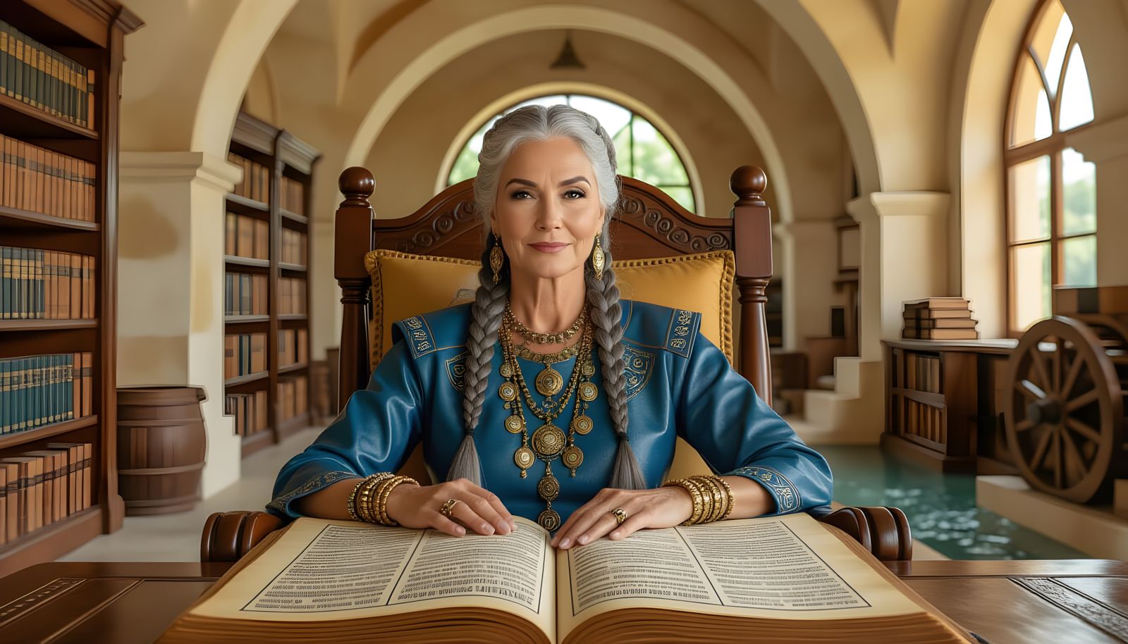 Hyperrealistic Antique Bookstore Scene with Woman