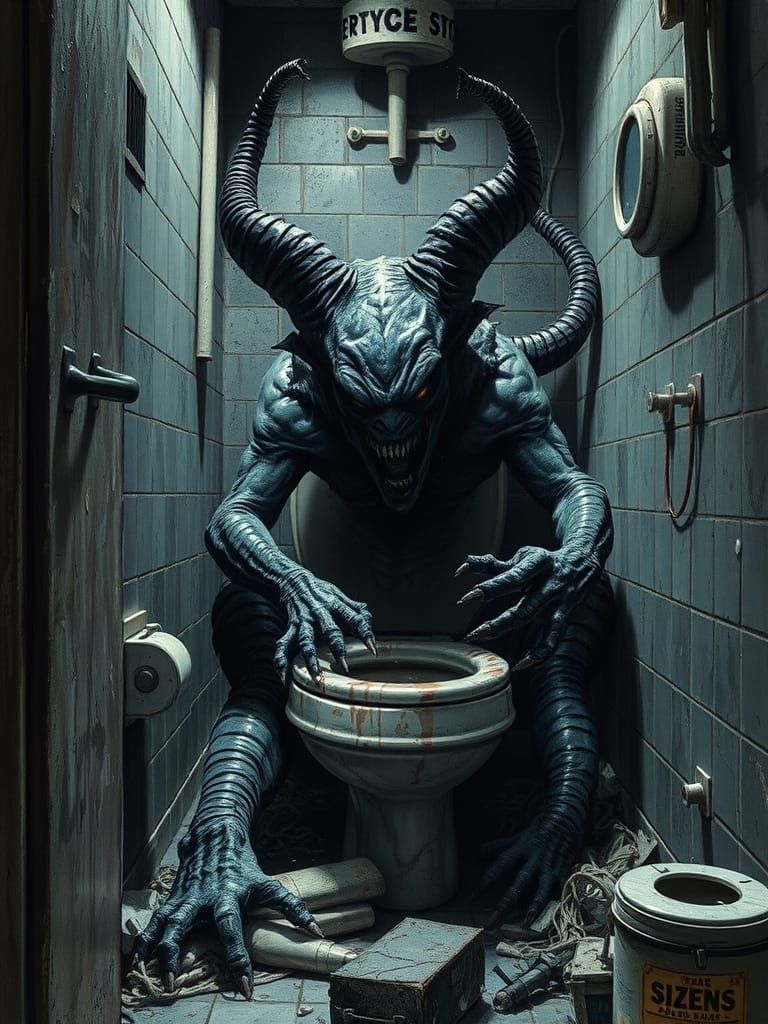 Grotesque Toilet Monster Awakens in Gothic Horror Style