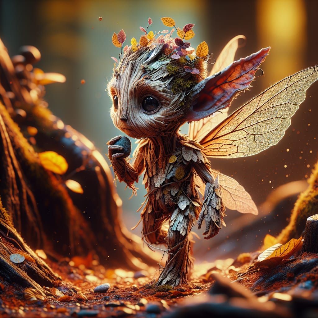 Hyperrealistic Tree Fairy Carrying Rock in Detailed Forest