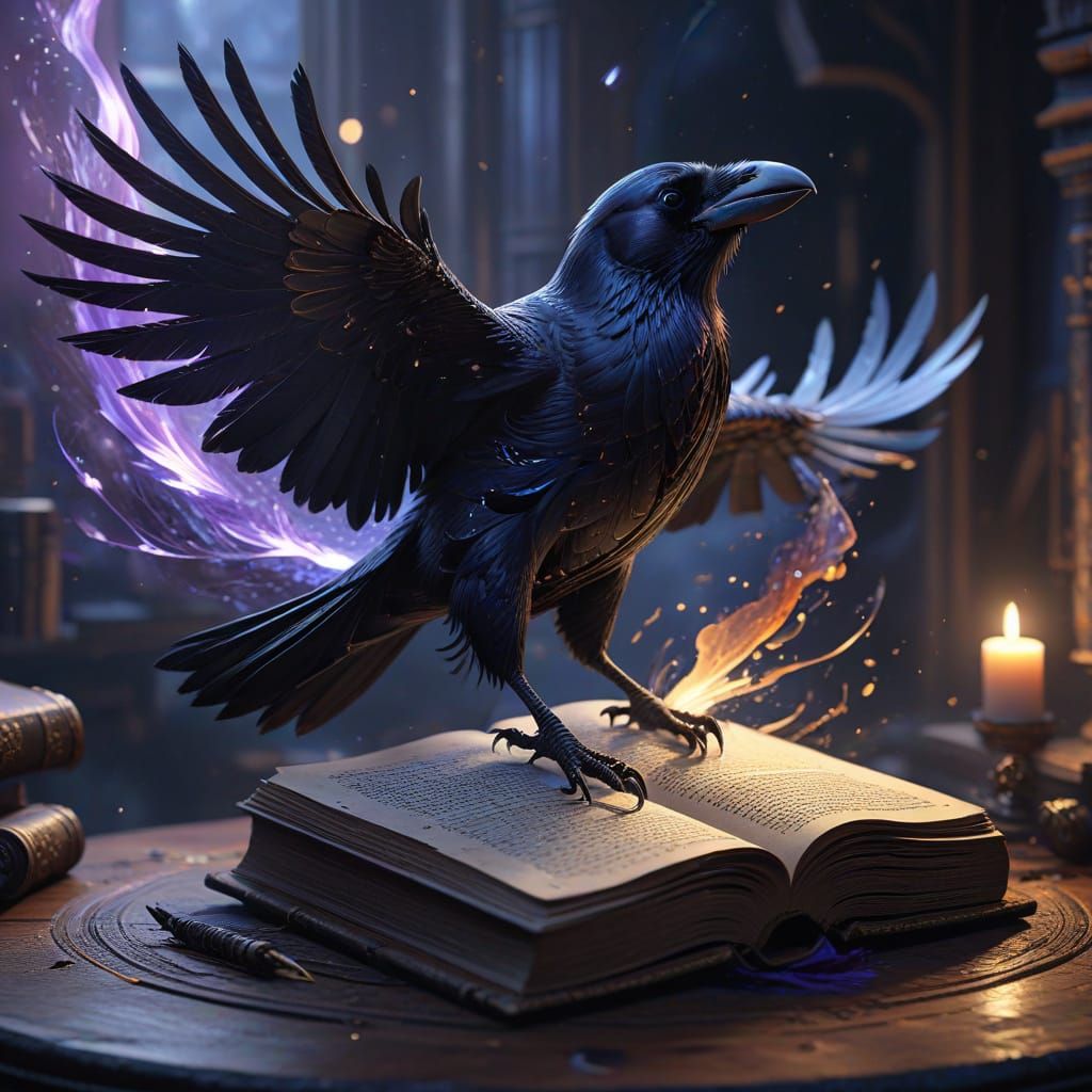 Majestic Raven on Quill, Ink Vortex Background