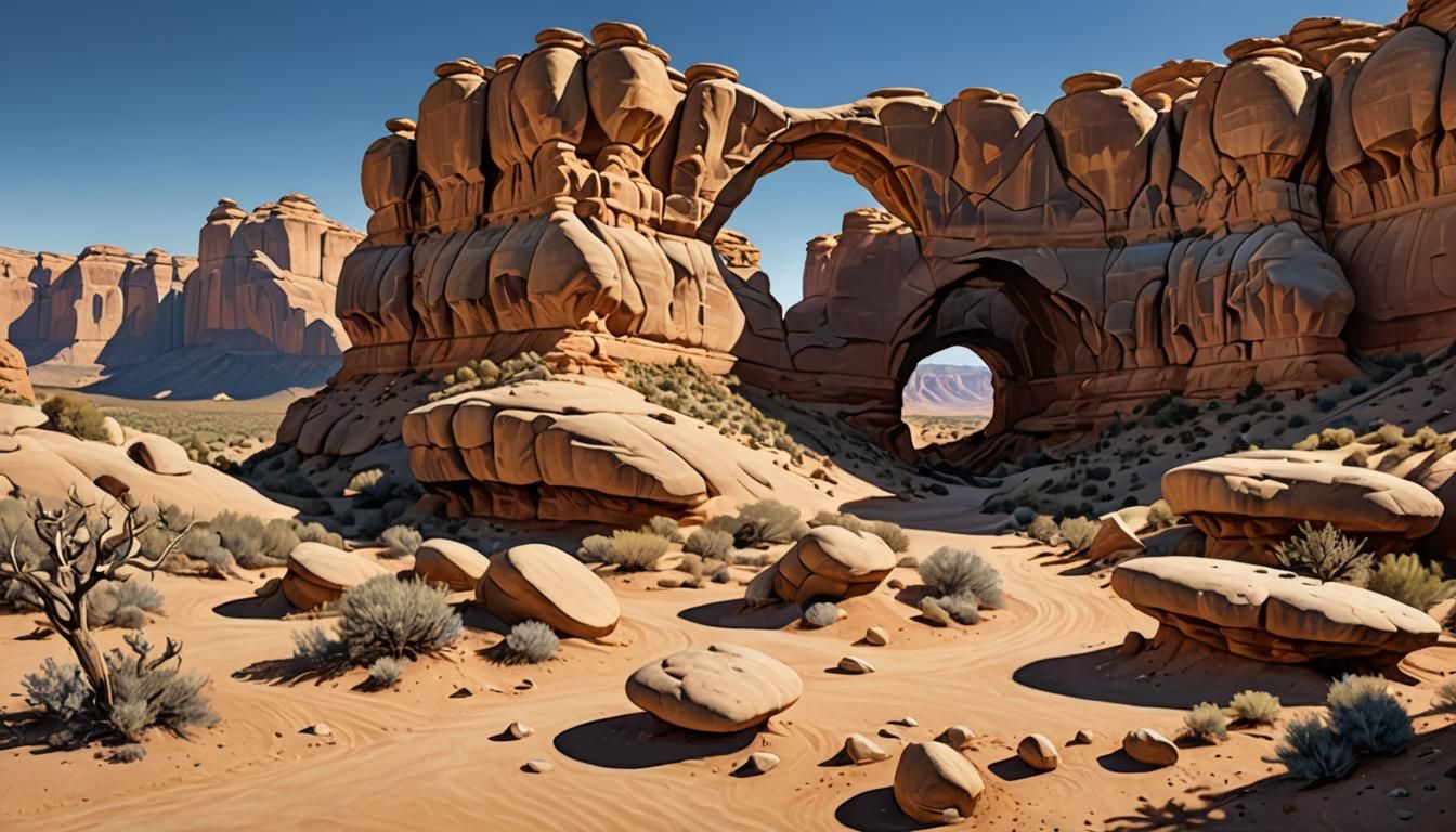 Arches and Pedestal Rocks in Utah Desert
