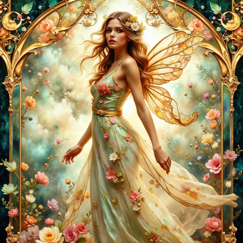 Whimsical Flower Fairy in Art Nouveau Splendor