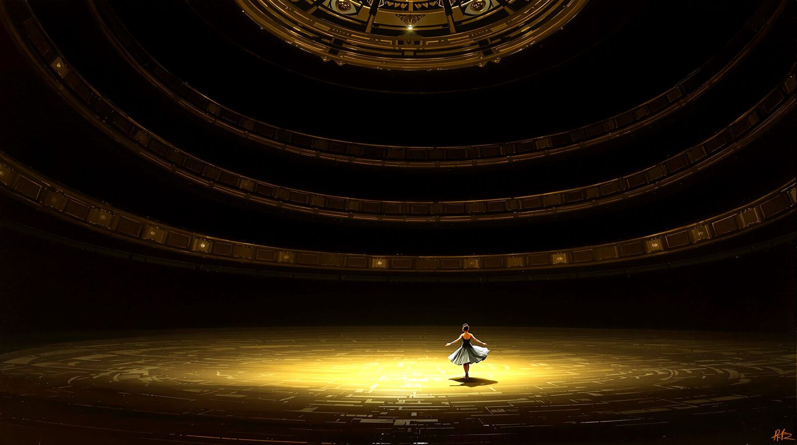 Lone Dancer in Vast Concert Hall with Ornate Balconies