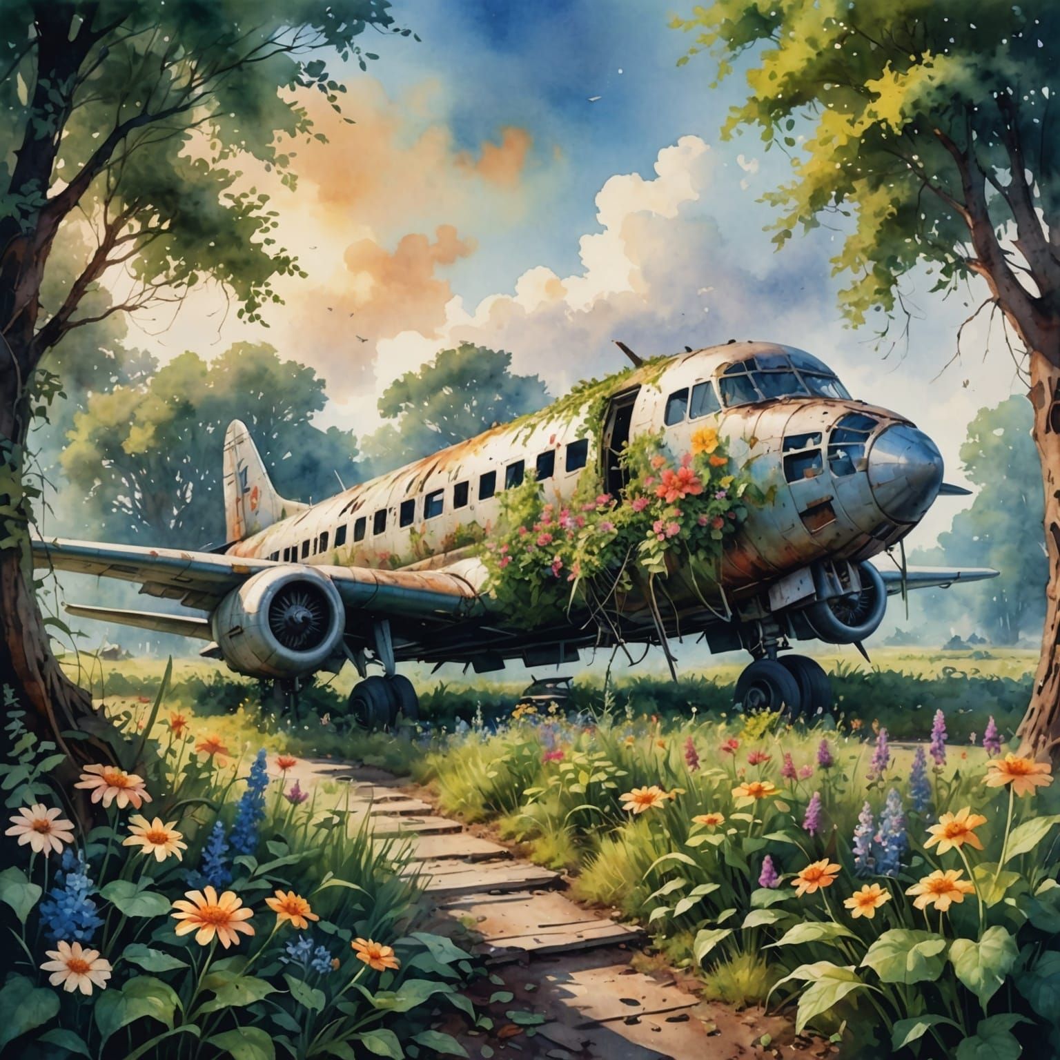 Watercolor Abandoned Plane Overgrown with Flowers