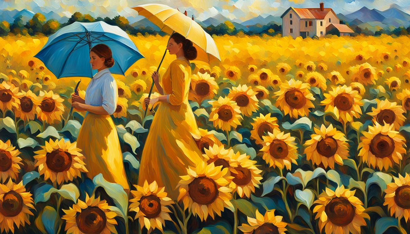 Woman with Yellow Umbrella in Sunflower Field