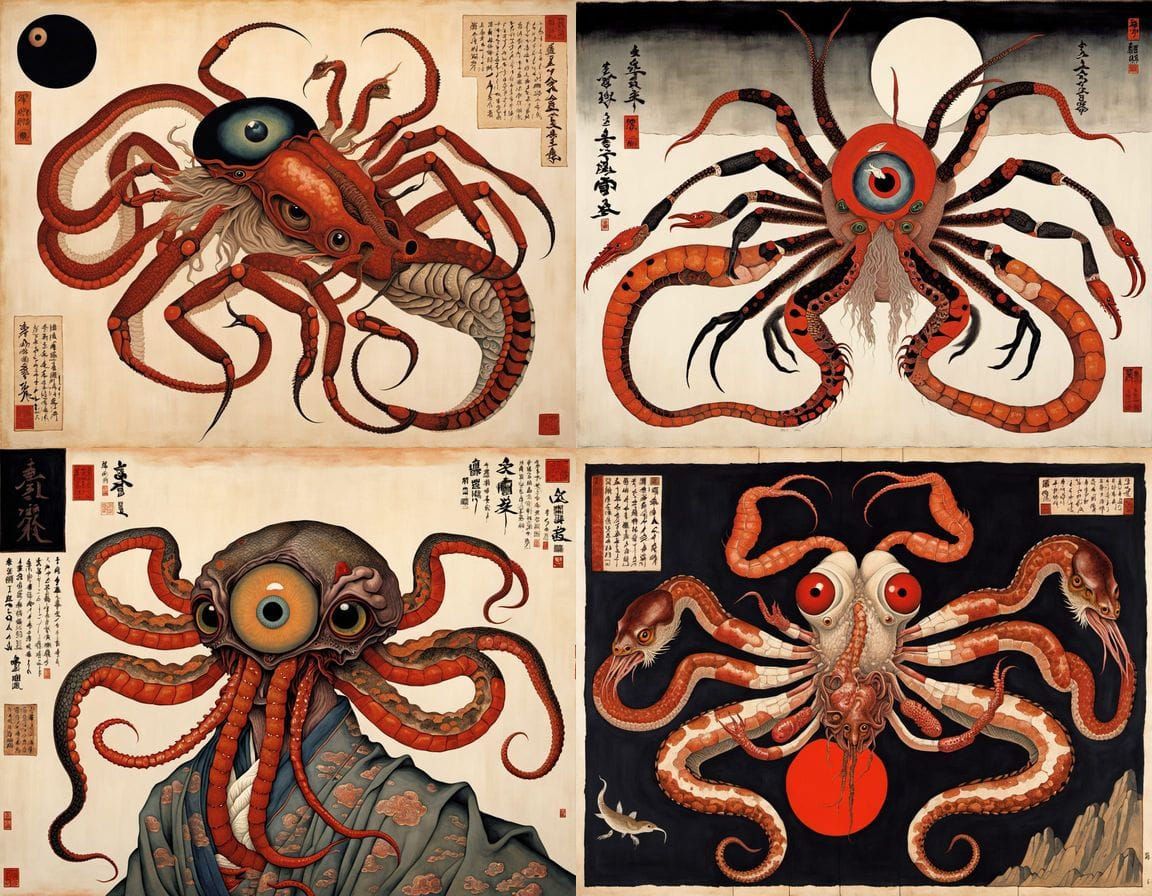 Surreal Ukiyo-e Nightmare: Mythical Creatures and Organs