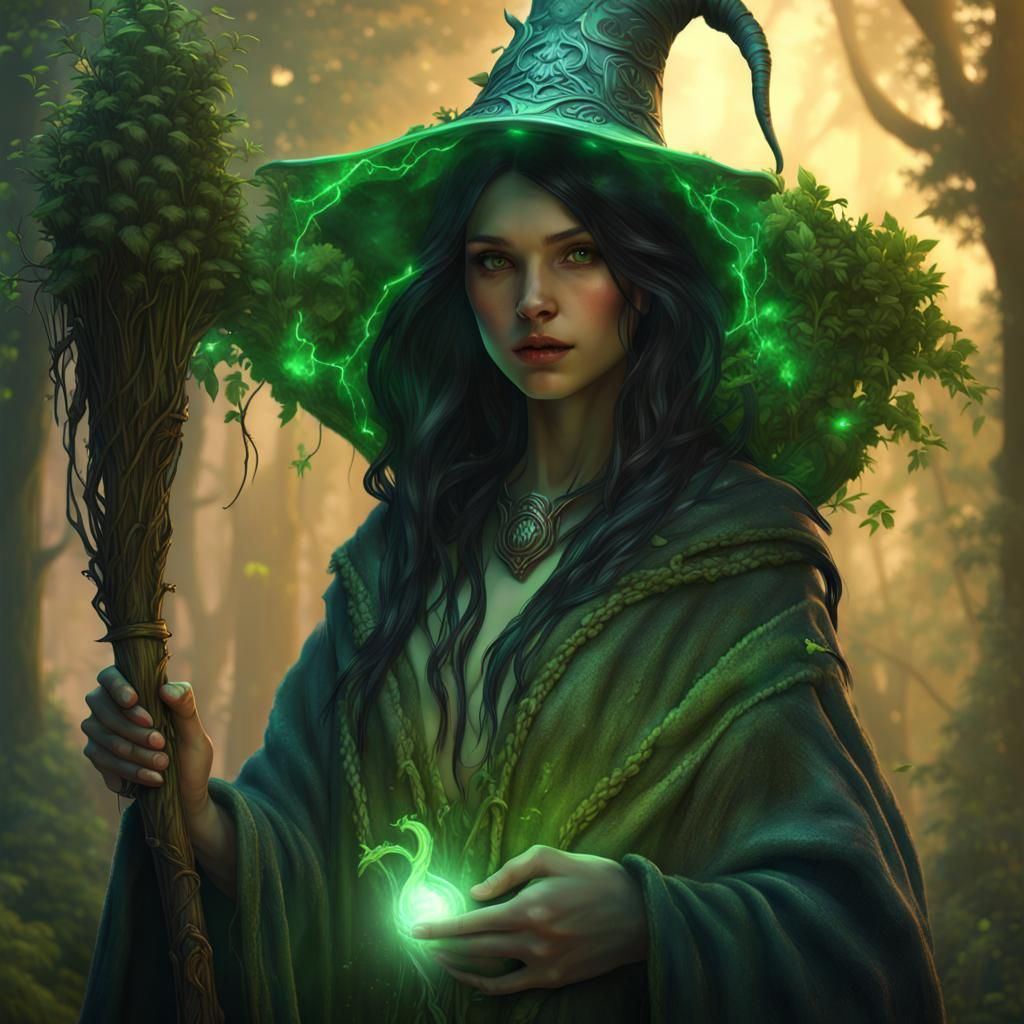 Fantasy Druid Girl with Magic Staff Art