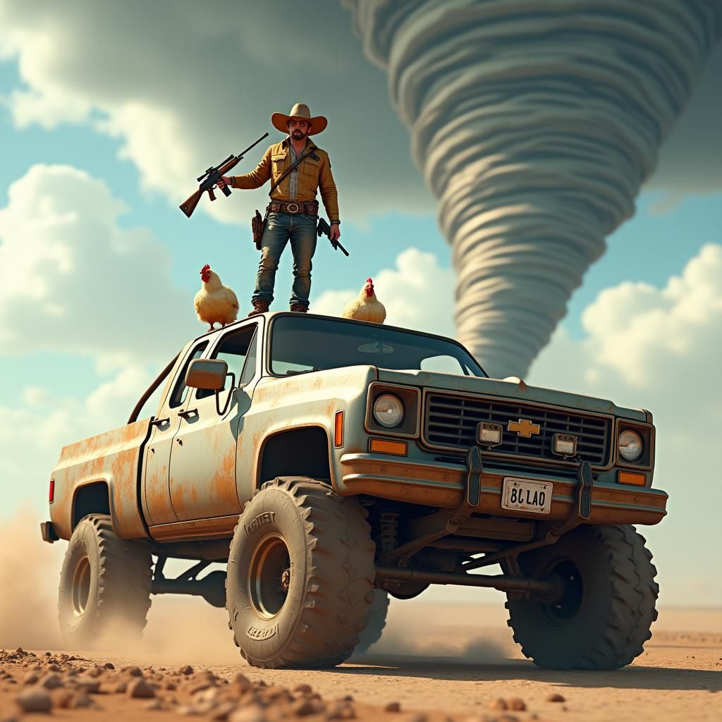 Weathered Hero in Anime Style Amidst Tornadoes