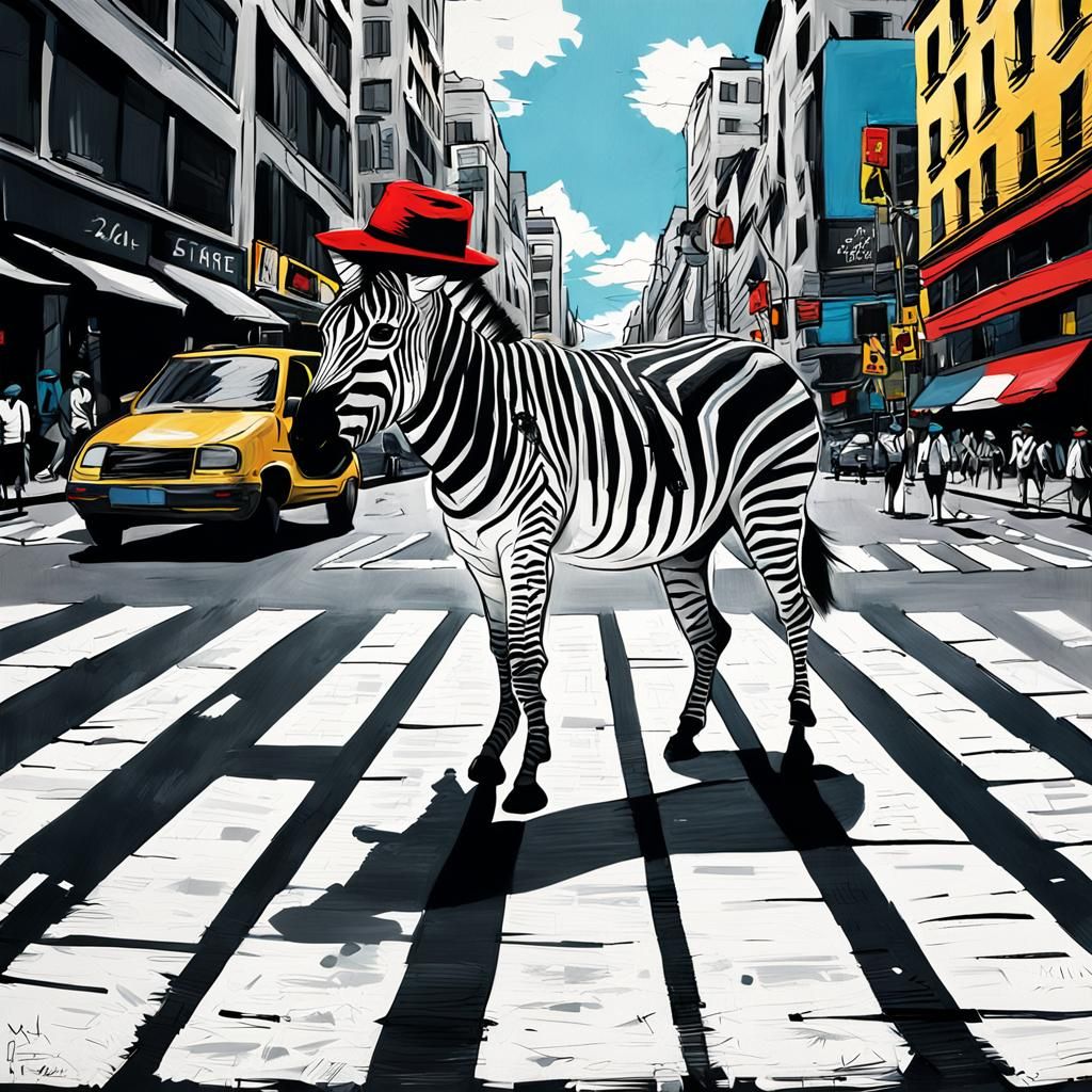 Zebra in Red Hat Street Art Style
