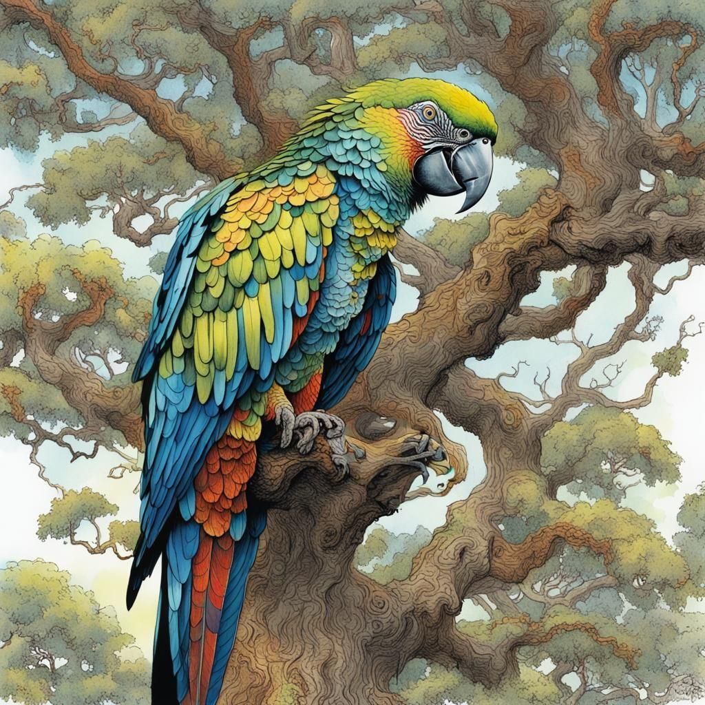 Colorful Live Oak Tree Bark Line Art Illustration