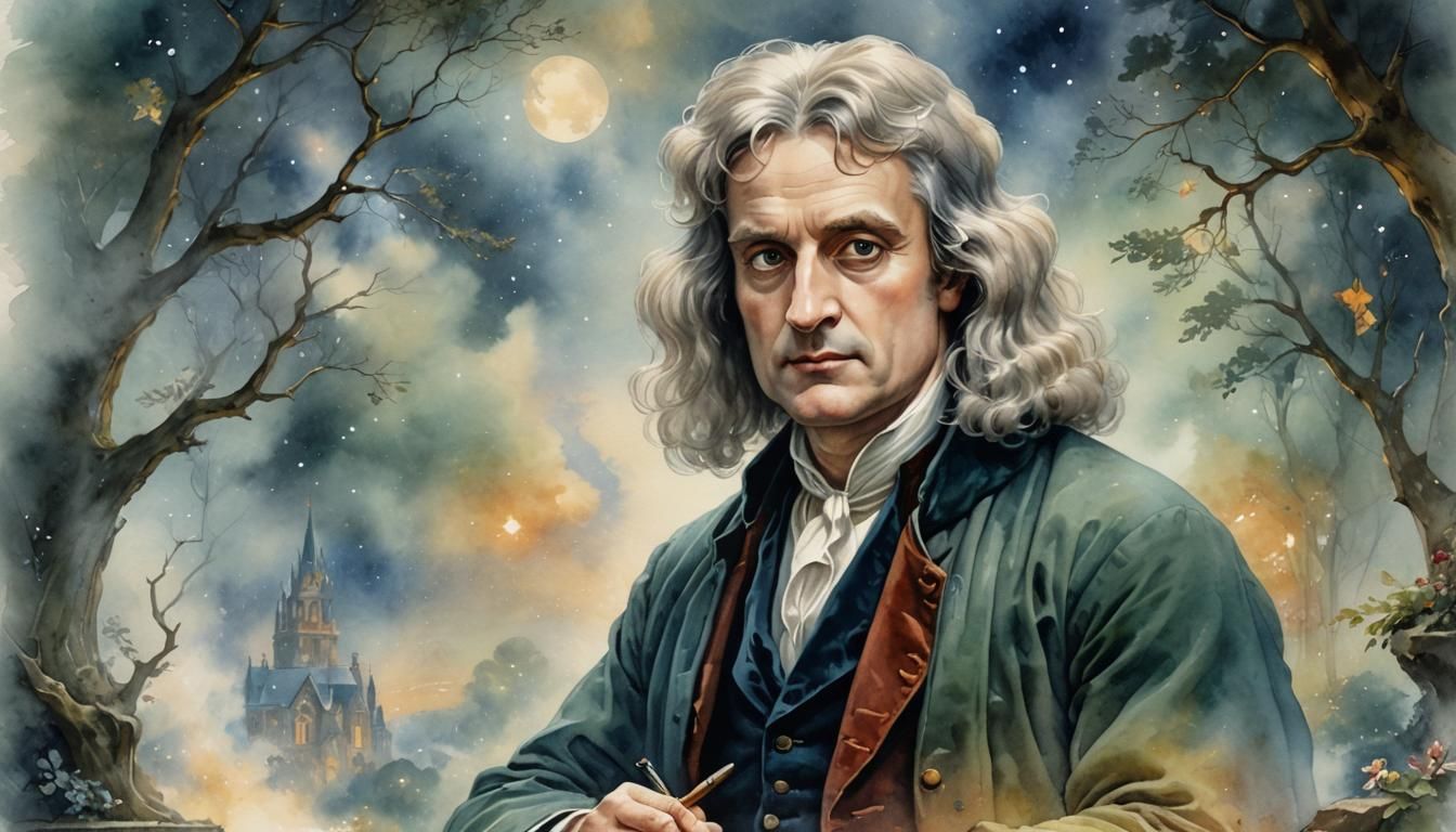 Isaac Newton Portrait in Watercolor Style