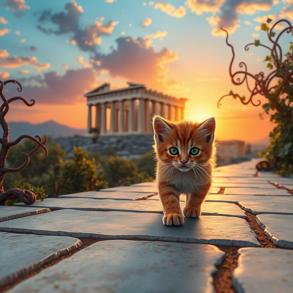 Whimsical Kitten Strolls Ancient Athens