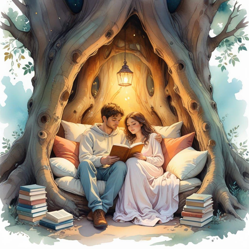Cozy Couple Reading Nook Watercolor Painting