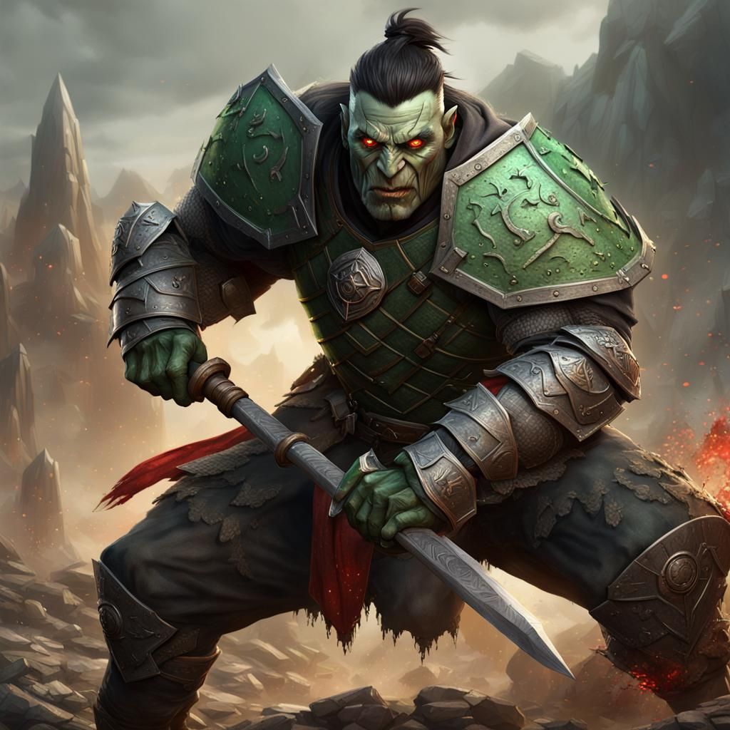 Half-Orc Paladin with Flail, Fantasy Concept Art